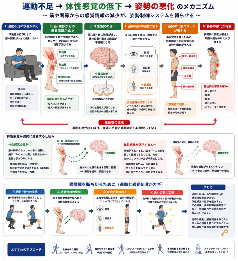 運動不足による体性感覚の低下と姿勢悪化のメカニズム