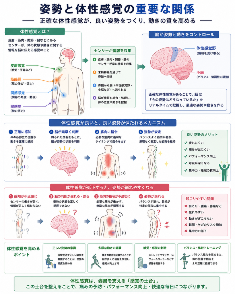 体性感覚と姿勢の関係を示したメカニズムの図解