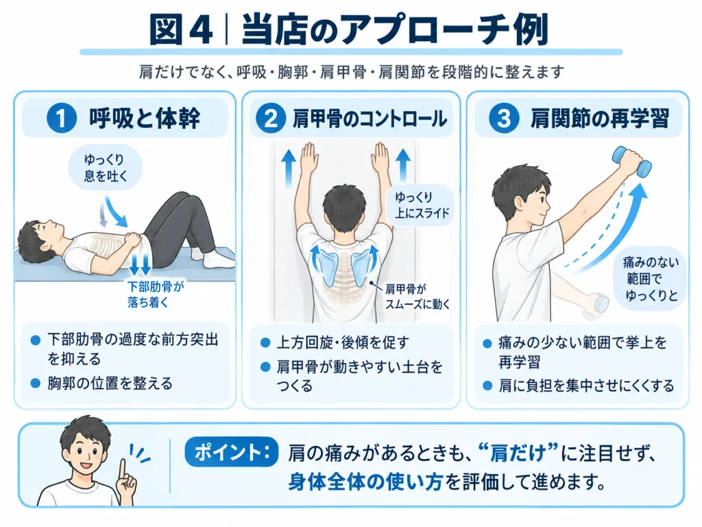 呼吸と体幹、肩甲骨のコントロール、肩関節の再学習という肩への3段階アプローチを示した図